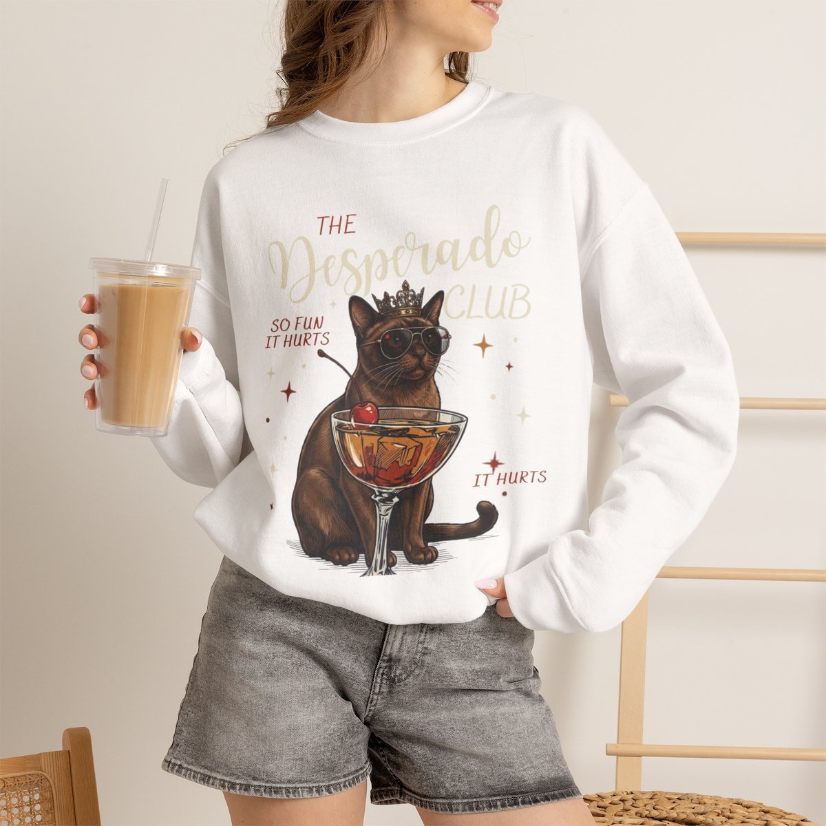 Cool Cat Cocktail Unisex Sweatshirt Funny Pet Lover Apparel White