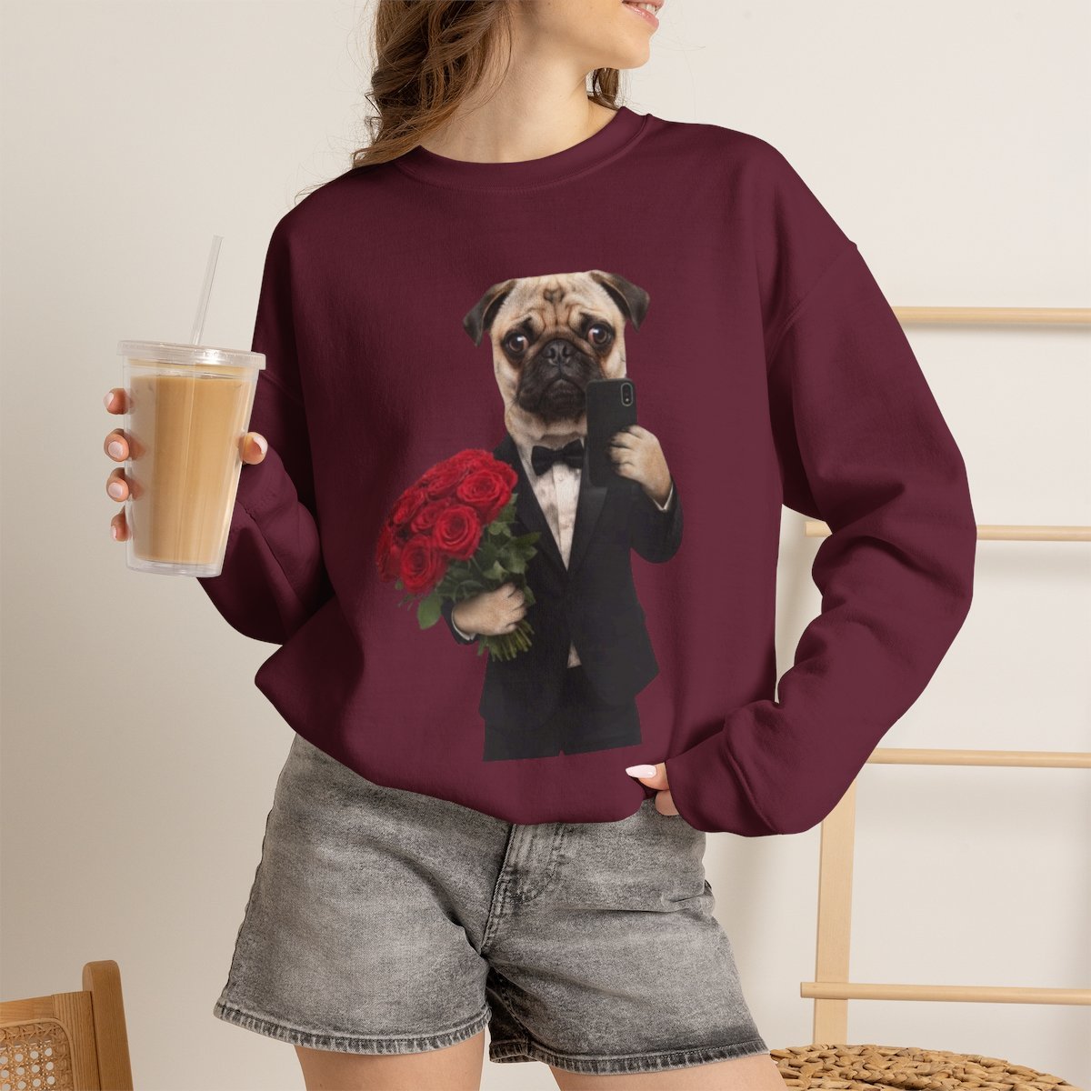 Funny Dog in Suit with Roses Sweatshirt | Cute Pet Lover Gift Maroon