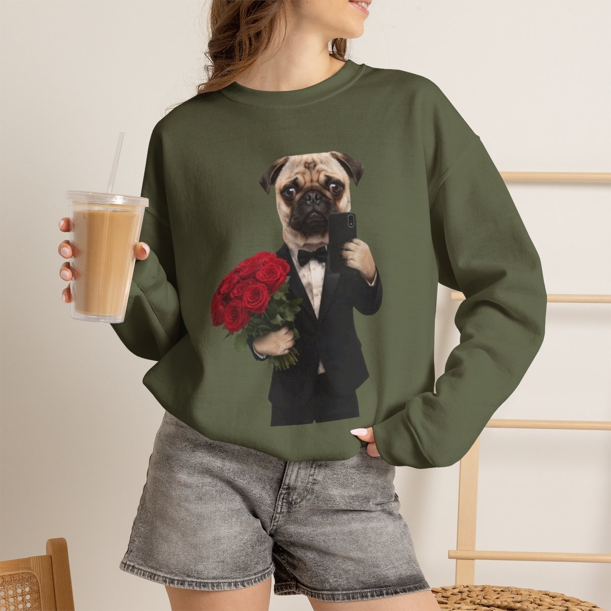 Funny Dog in Suit with Roses Sweatshirt | Cute Pet Lover Gift Military Green