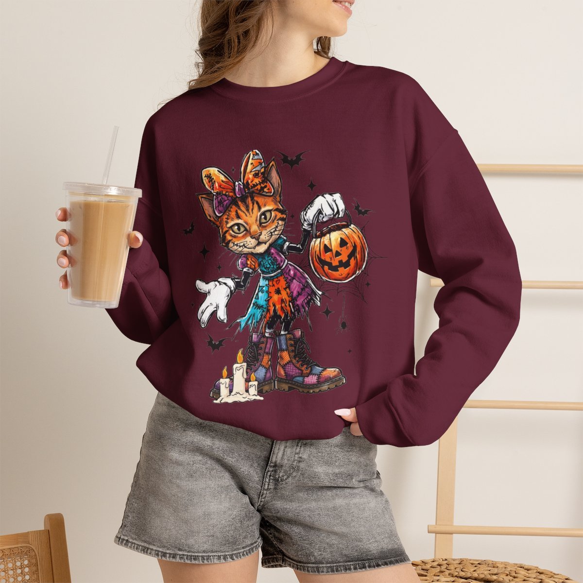 Spooky Halloween Cat Unisex Sweatshirt Cute Kitten Pumpkin Gift Maroon