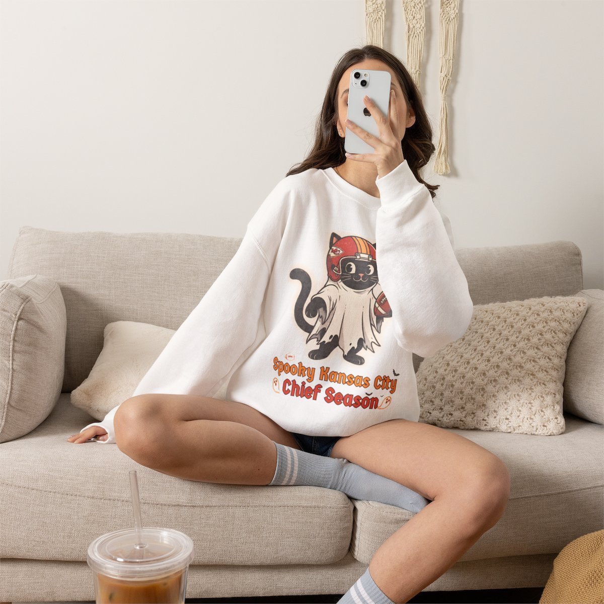 Spooky Kansas City Football Cat Halloween Unisex Sweatshirt Detail