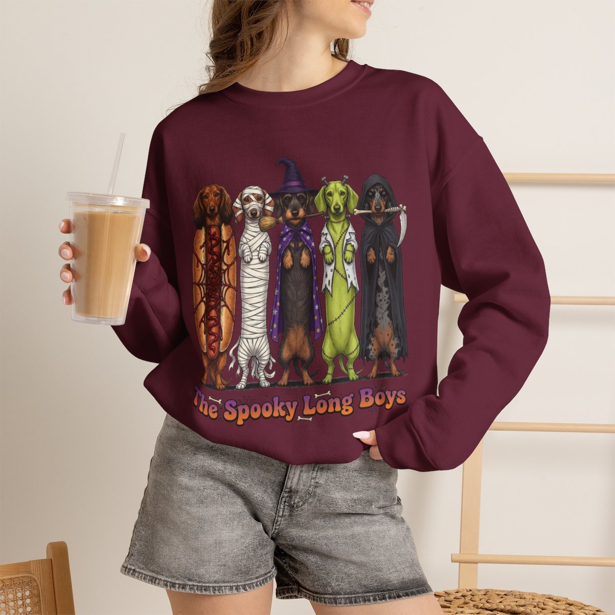 Cute Spooky Dachshund Halloween Sweatshirt for Dog Lovers Maroon