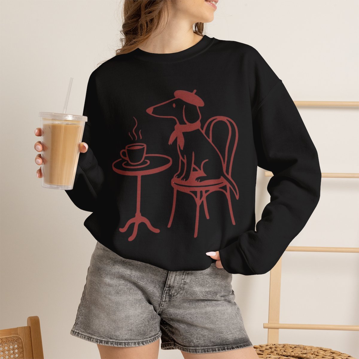 Chic Dachshund Cafe Unisex Sweatshirt | Cozy Dog Lover Gift Black