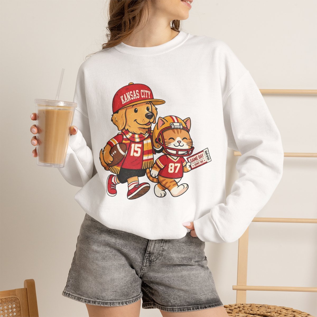 04noy3.jpg Cute KC Football Dog and Cat Game Day Unisex Crewneck Sweatshirt White