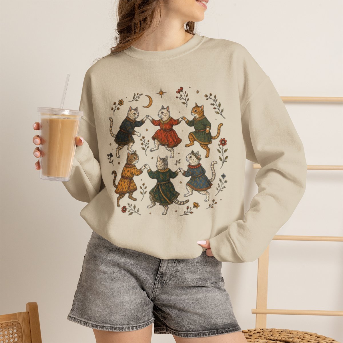 Unisex Cozy Dancing Cats Graphic Sweatshirt for Cat Lovers Sand