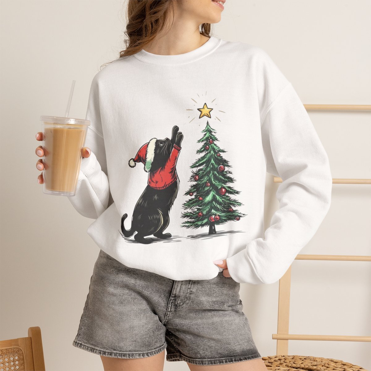 Unisex Cute Black Cat Christmas Sweatshirt | Cozy Holiday Gift for Cat Lovers White
