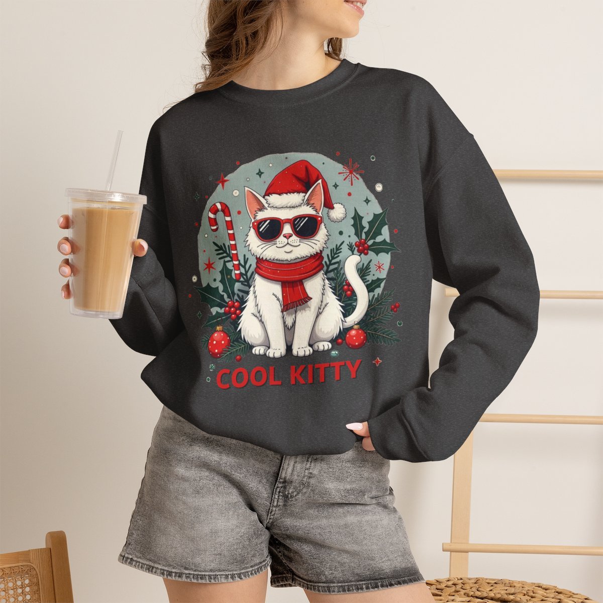 Cute Christmas Cat Sweatshirt | Unisex Holiday Cool Kitty Graphic Sweater Dark Heather