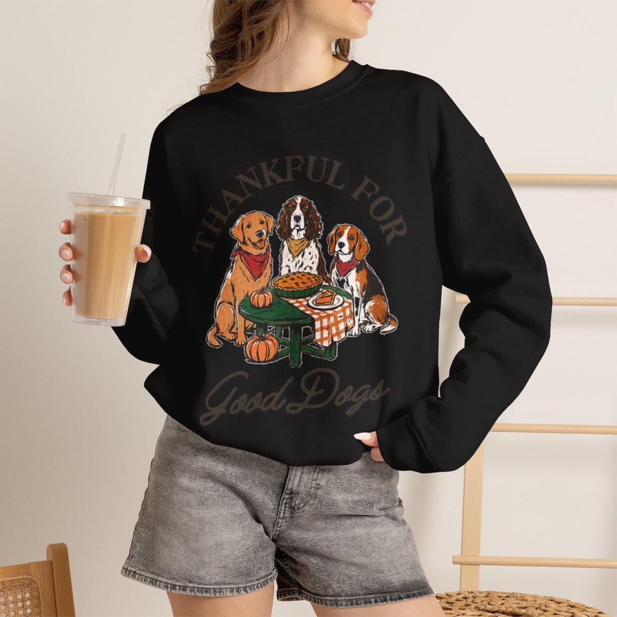 Thankful For Good Dogs Unisex Thanksgiving Sweatshirt - Cozy Fall Dog Lover Gift Black