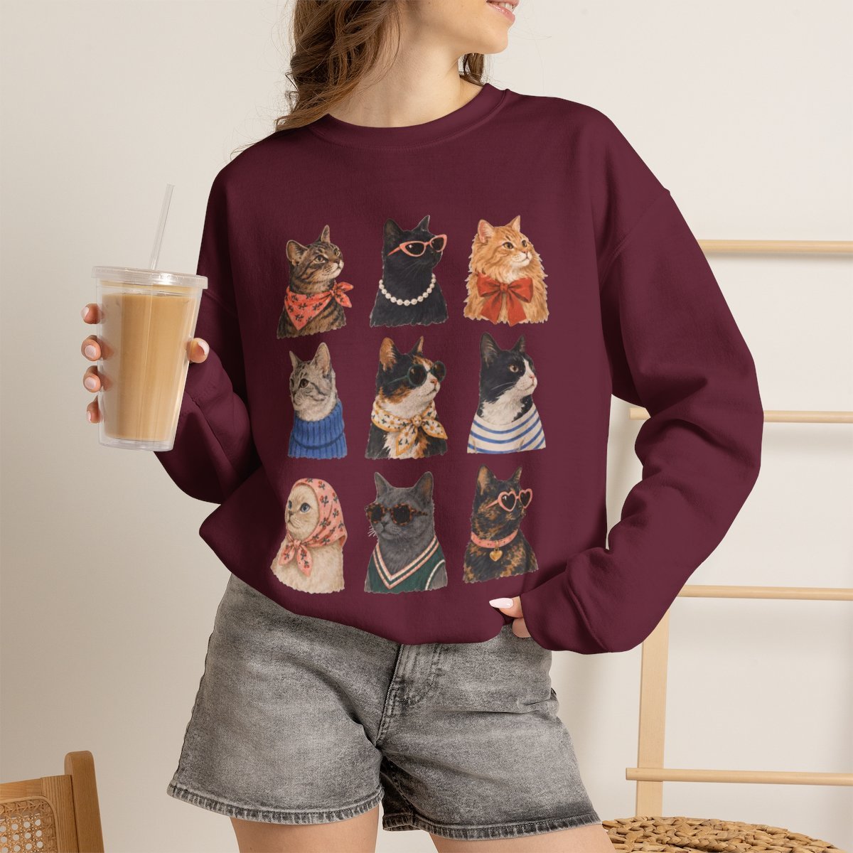 Cute Retro Cat Lover Unisex Crewneck Sweatshirt Cozy Autumn Gift Maroon