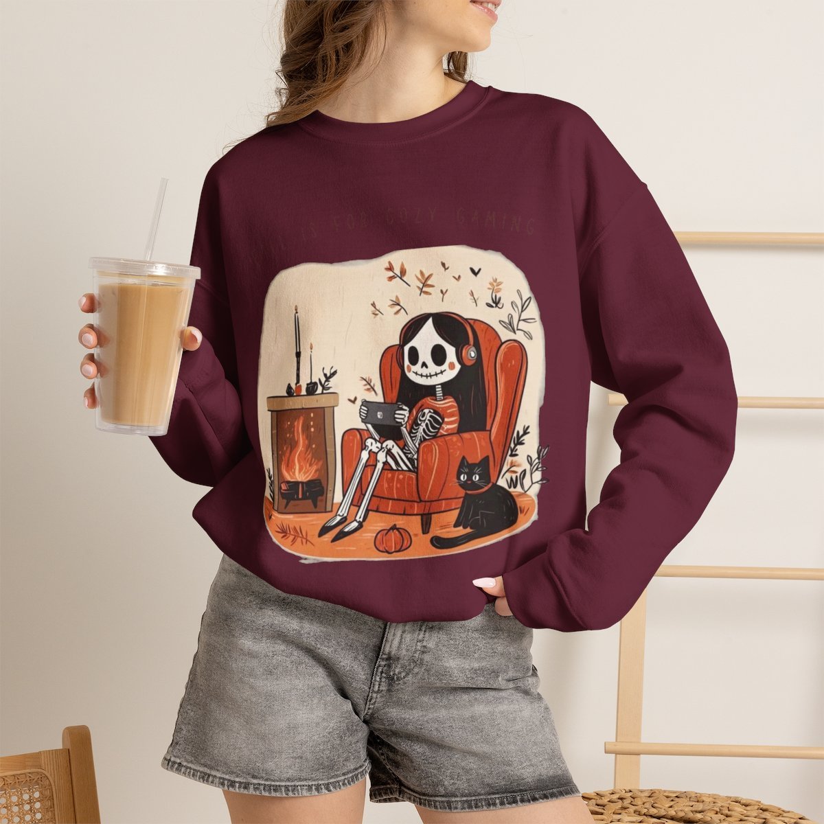 Unisex Cozy Gaming Skeleton Sweatshirt with Cute Cat | Fall Apparel & Gifts Maroon