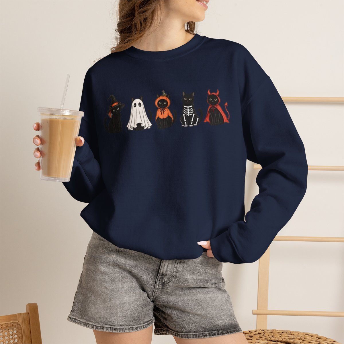 Unisex Cute Halloween Black Cat Costume Sweatshirt | Cozy Spooky Season Crewneck Navy
