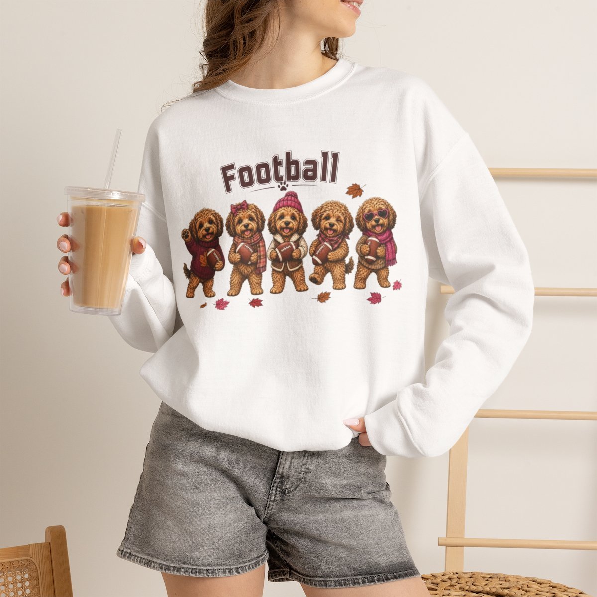 Unisex Cute Dog Football Sweatshirt for Autumn & Fall Pet Lovers White