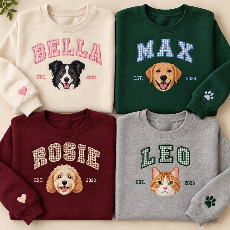 Unisex Personalized Dog Portrait Sweatshirt, Custom Pet Face Embroidery Crewneck, Dog Mom Gift, Pet Lover Pullover, Custom Dog Name Sweater White
