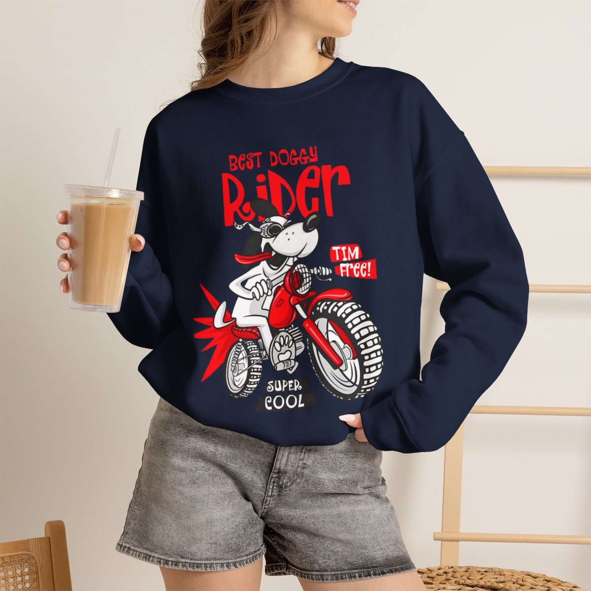 Cool Biker Dog Unisex Sweatshirt | Retro Graphic Dog Lover Gift Navy
