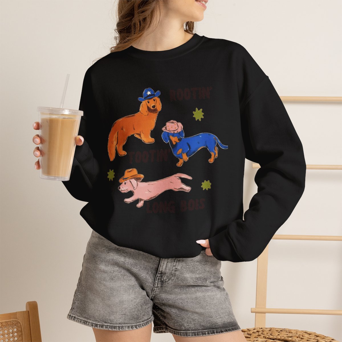 Unisex Cute Dachshund Cowboy Sweatshirt | Rootin Tootin Long Bois Black