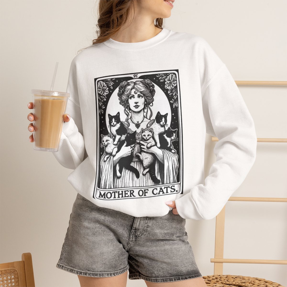 1qpojf.jpg Unisex Mother of Cats Vintage Tarot Style Graphic Sweatshirt for Cat Lovers White