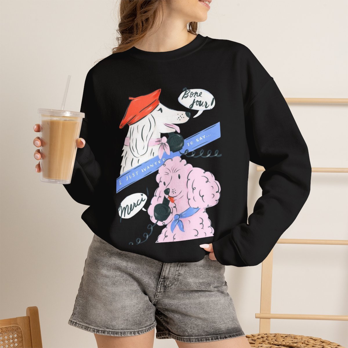 Unisex Cute French Poodle Graphic Sweatshirt for Dog Lovers Black