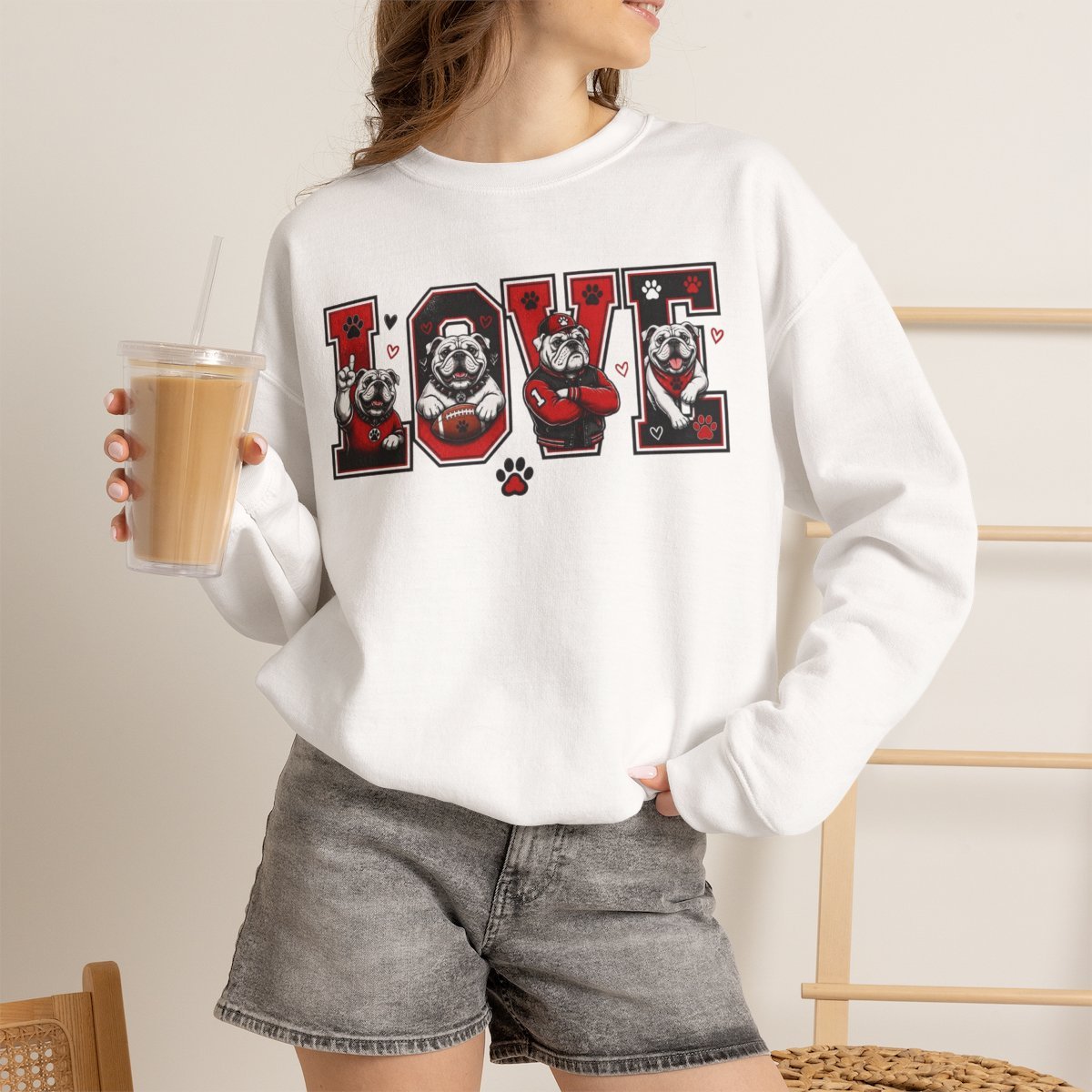 25a51m-1.jpg Cute Bulldog Football LOVE Unisex Sweatshirt - Game Day Dog Lover Gift White