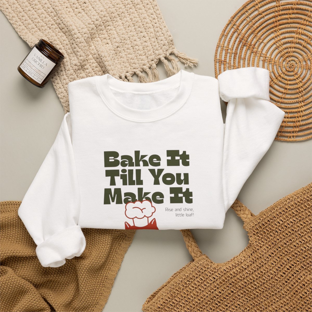 Unisex Bake It Till You Make It Cat Sweatshirt | Cute Baker Crewneck Gift Detail