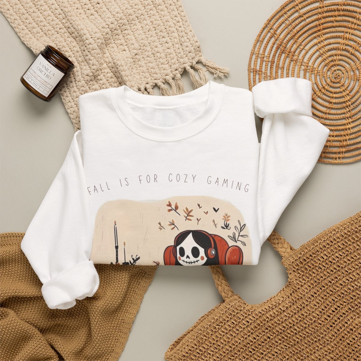 Unisex Cozy Gaming Skeleton Sweatshirt with Cute Cat | Fall Apparel & Gifts Detail