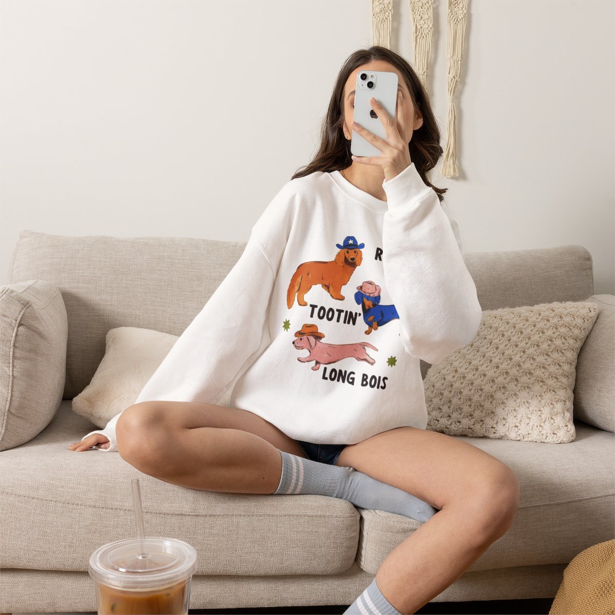 Unisex Cute Dachshund Cowboy Sweatshirt | Rootin Tootin Long Bois Detail