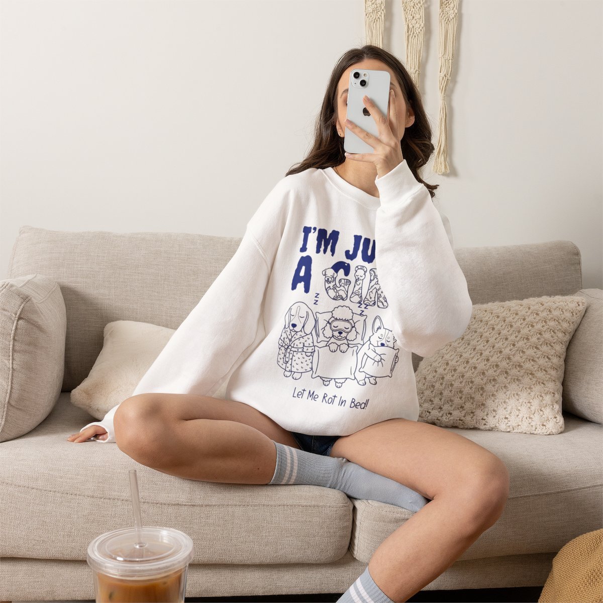 Unisex Funny Dog Lover Sweatshirt - Cute Cozy Sleeping Puppy Lounge Crewneck Detail