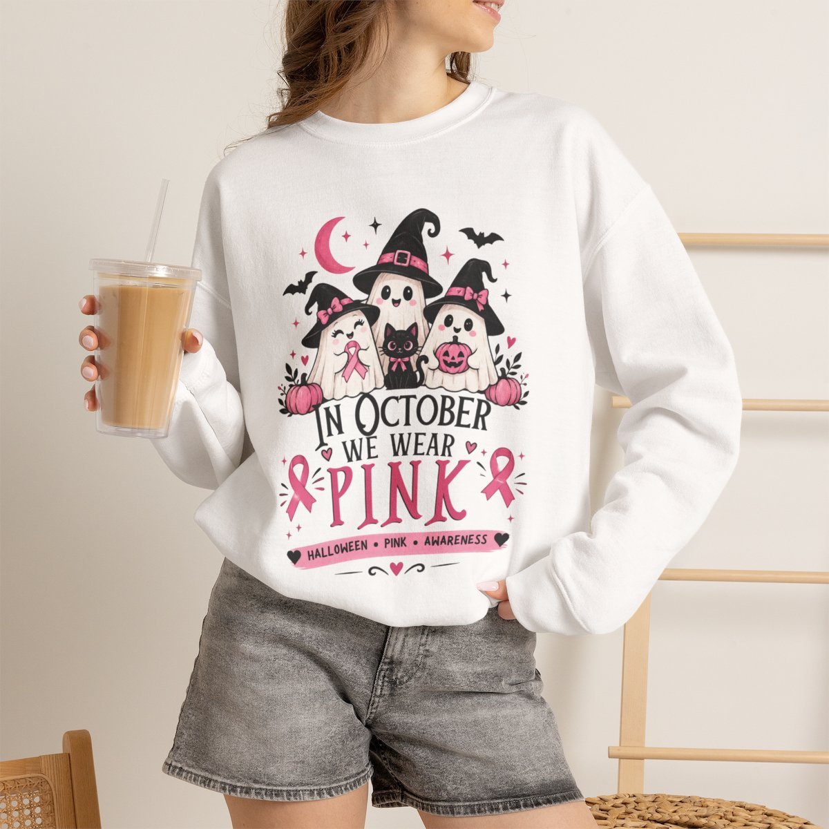 Unisex In October We Wear Pink Cute Ghost Halloween Sweatshirt White