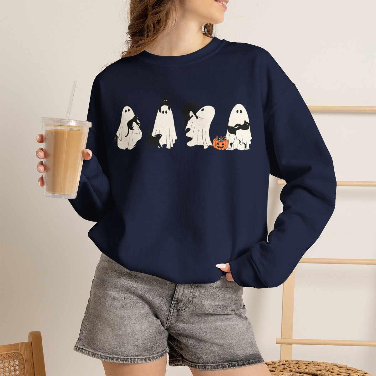 Cute Ghost Cat Halloween Unisex Sweatshirt for Pet Lovers Navy