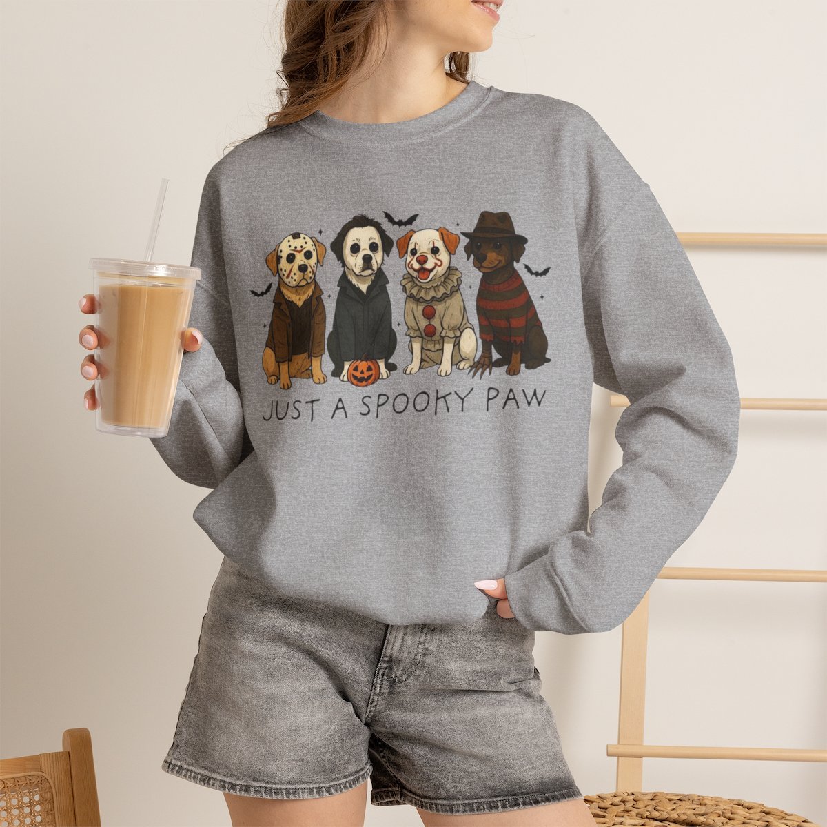 Unisex Halloween Dog Sweatshirt | Cute Horror Movie Fan Cozy Crewneck Sport Grey