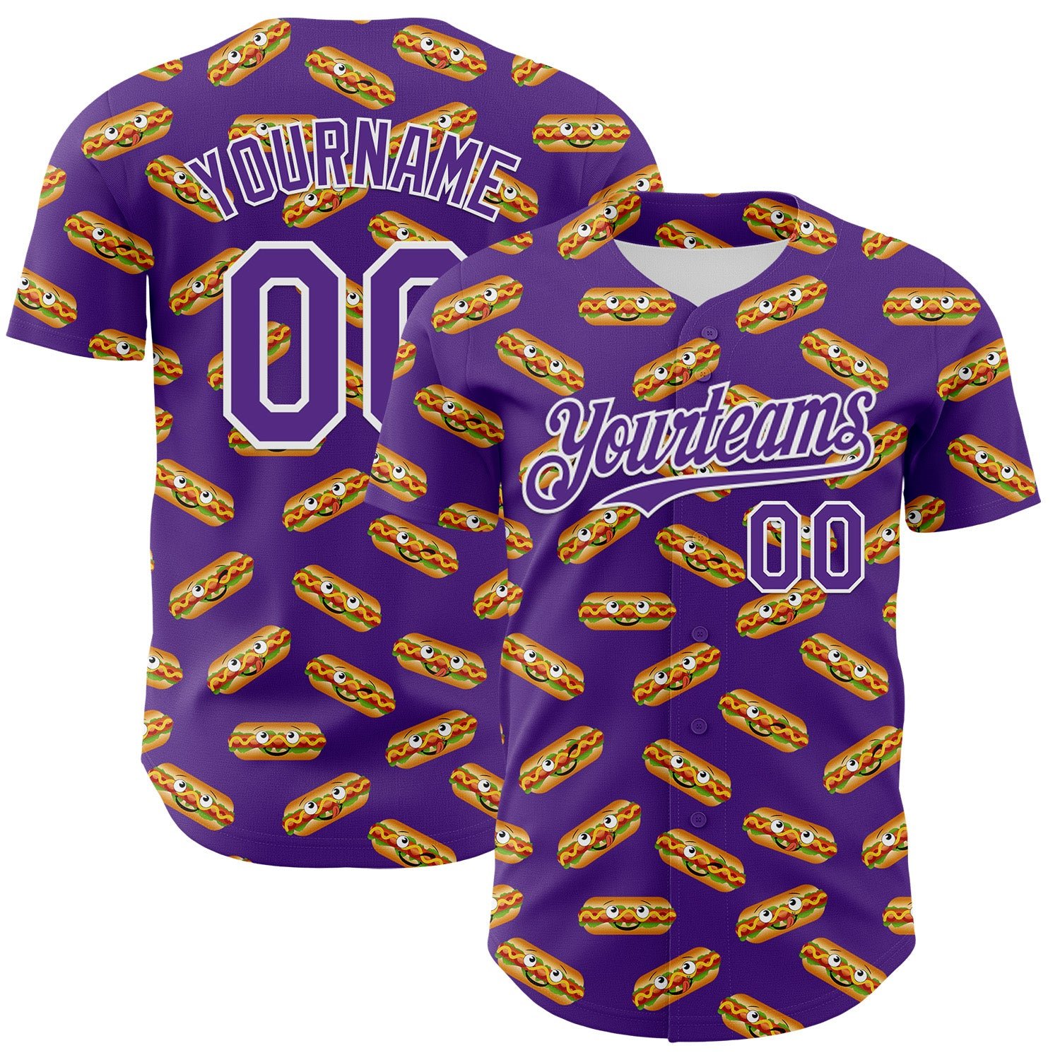 Custom Purple White 3D Pattern Design Foodie Fast Food Hot Dog Authentic Baseball Jersey