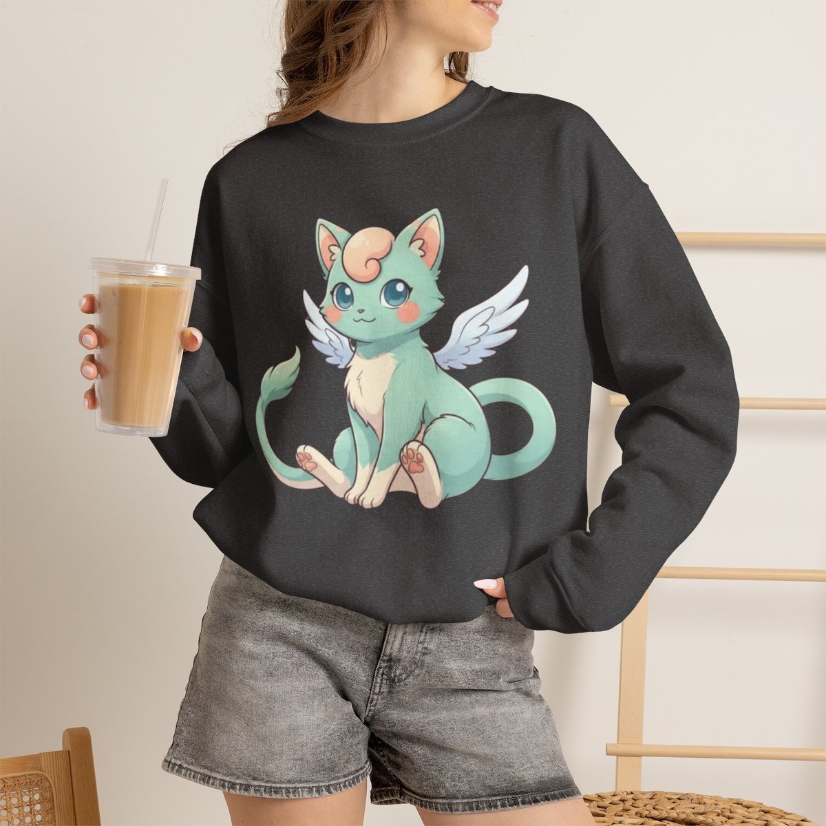 Unisex Cute Fantasy Winged Cat Sweatshirt for Pet Lovers Dark Heather