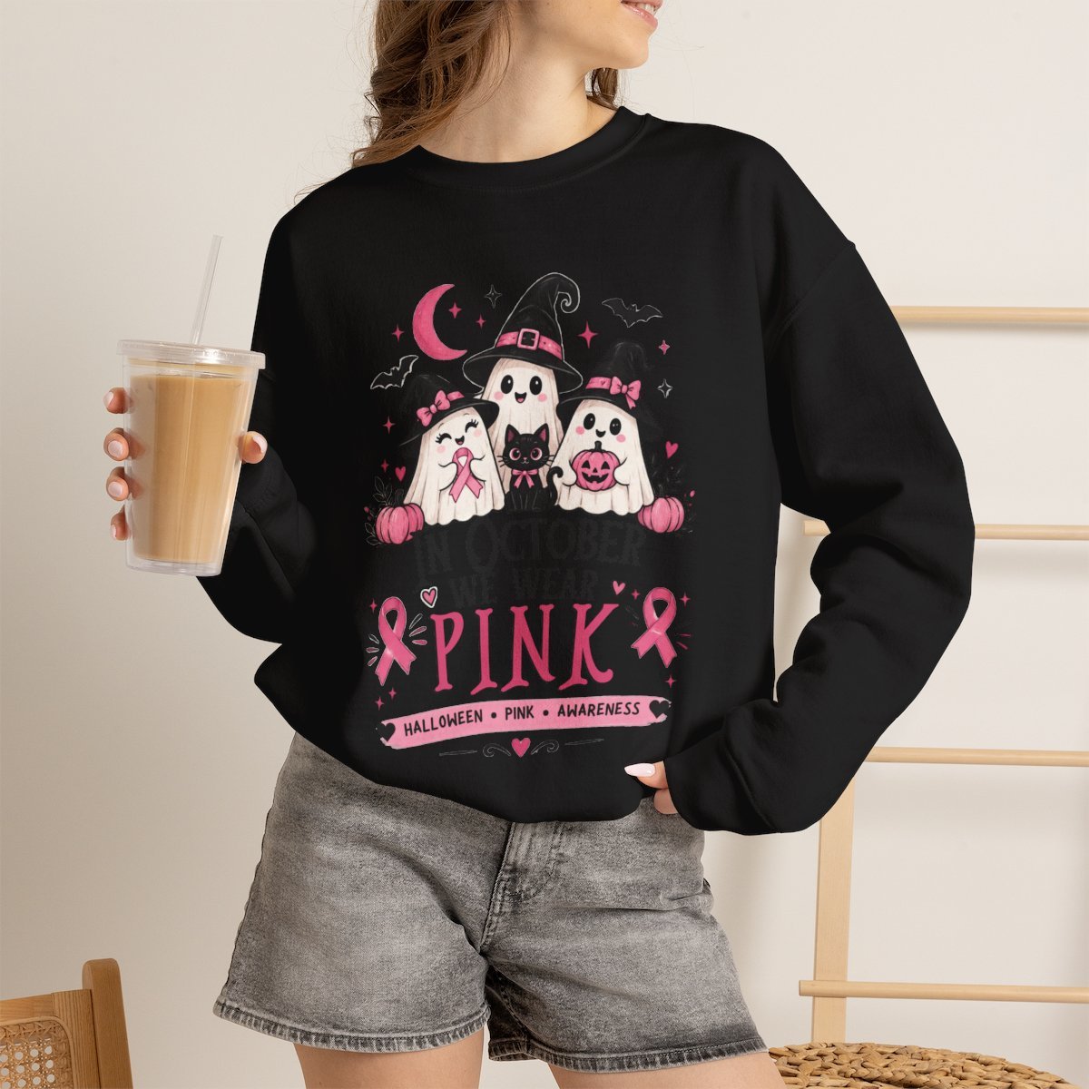 Unisex In October We Wear Pink Cute Ghost Halloween Sweatshirt Black