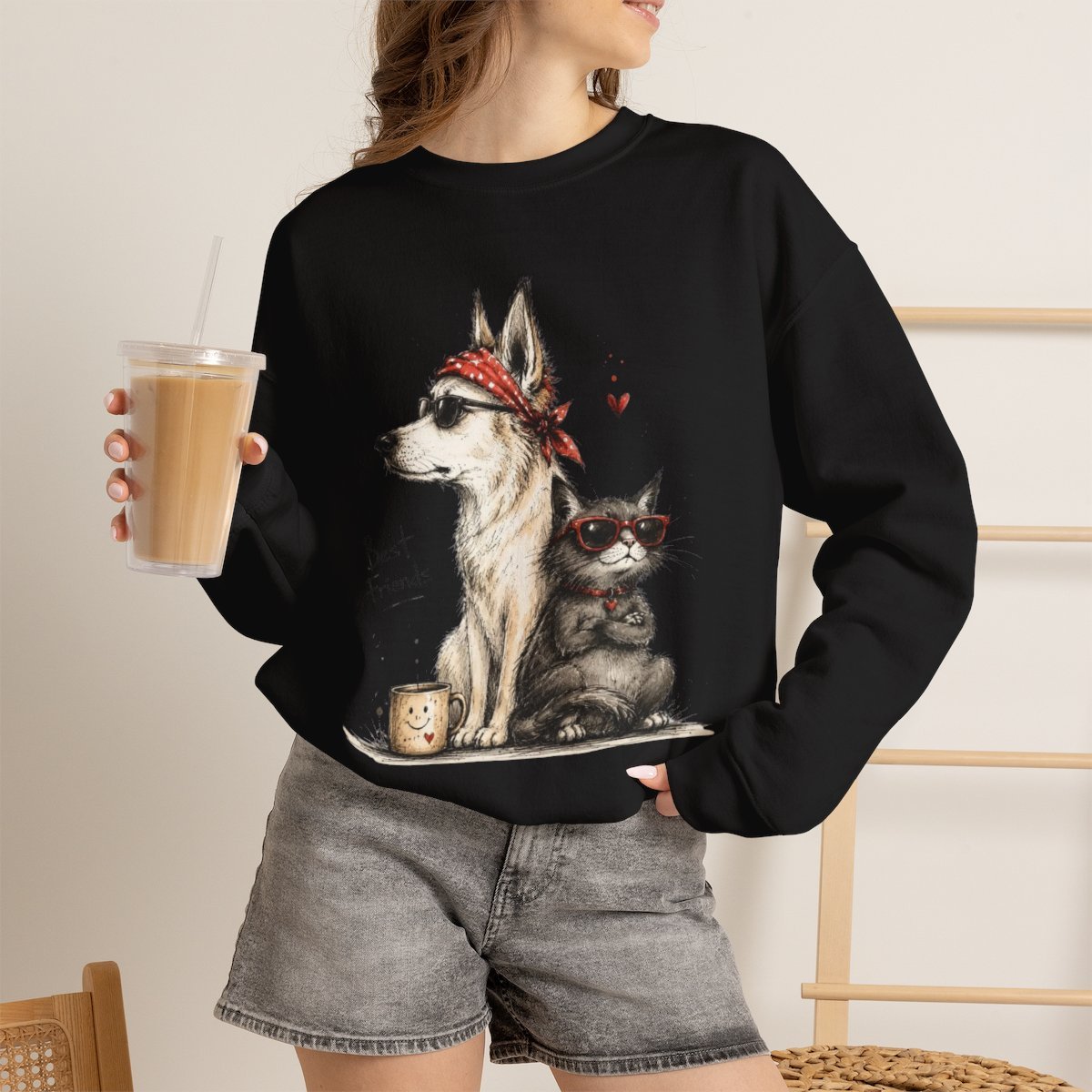 Unisex Cool Dog and Cat Best Friends Graphic Sweatshirt - Cute Pet Lover Gift Black