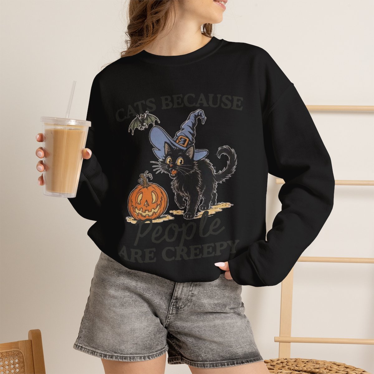 Unisex Cute Black Cat Witch Halloween Sweatshirt For Cat Lovers Black