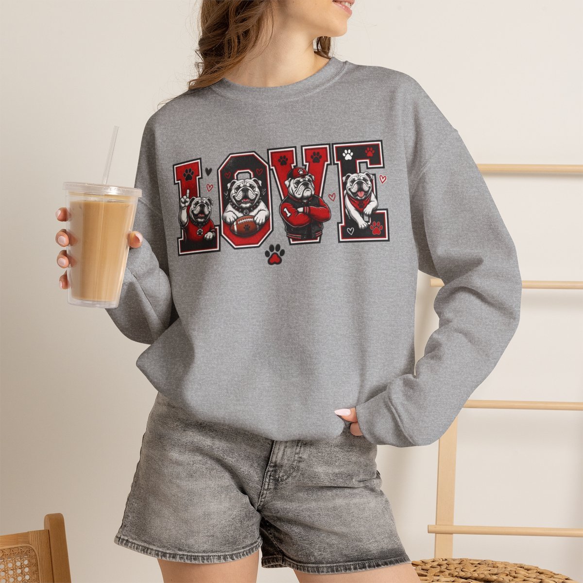 Cute Bulldog Football LOVE Unisex Sweatshirt - Game Day Dog Lover Gift Sport Grey