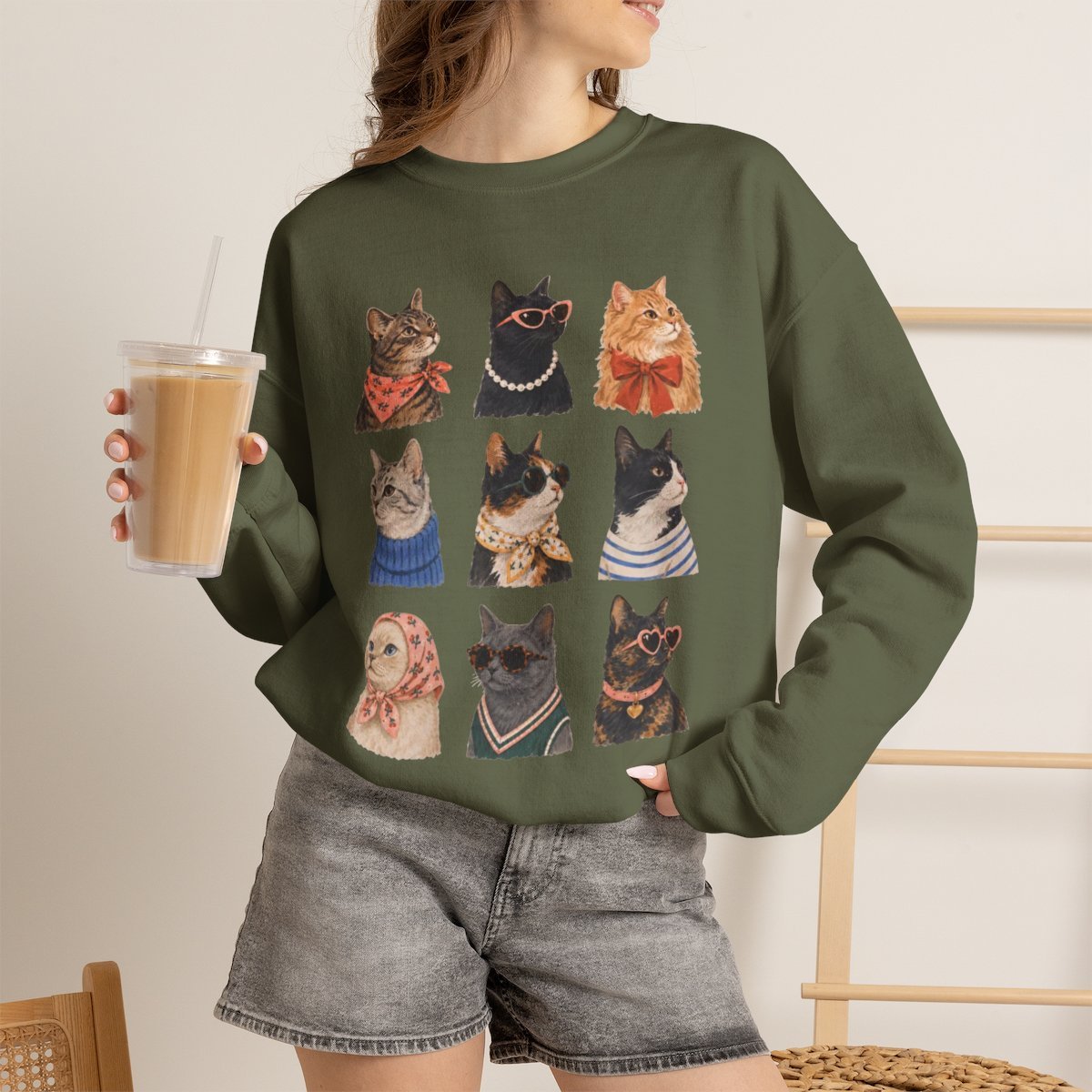 Cute Retro Cat Lover Unisex Crewneck Sweatshirt Cozy Autumn Gift Military Green
