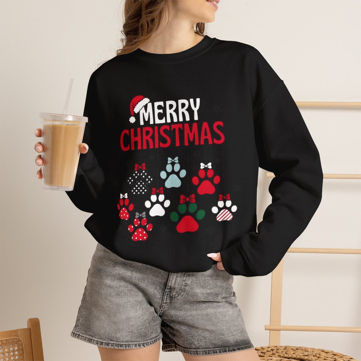 Unisex Cozy Merry Christmas Paw Print Sweatshirt for Dog Lovers Black