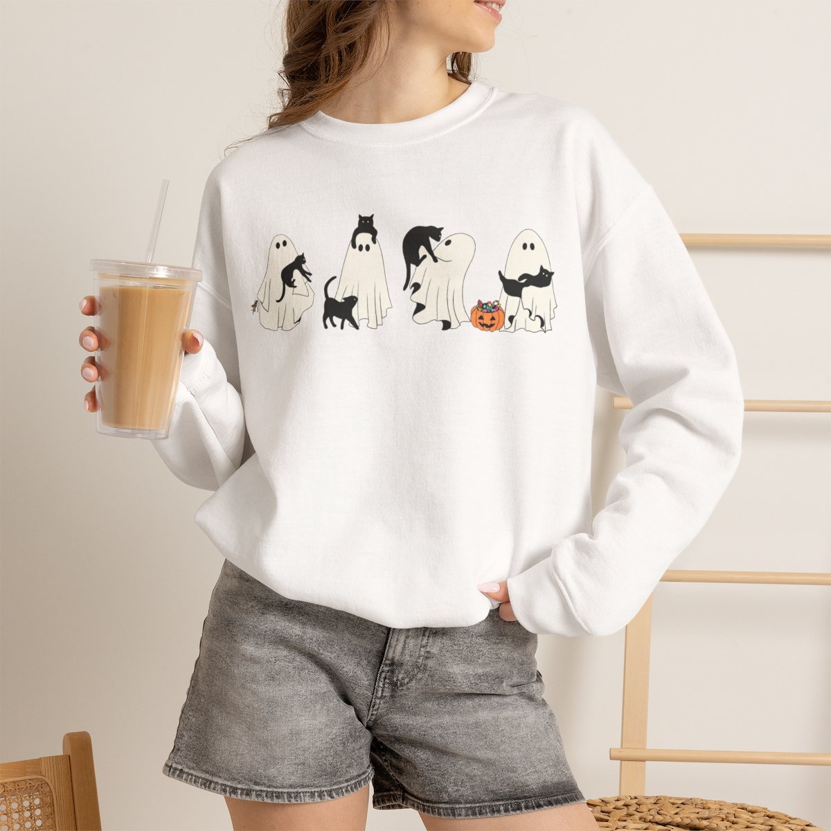 Cute Ghost Cat Halloween Unisex Sweatshirt for Pet Lovers White
