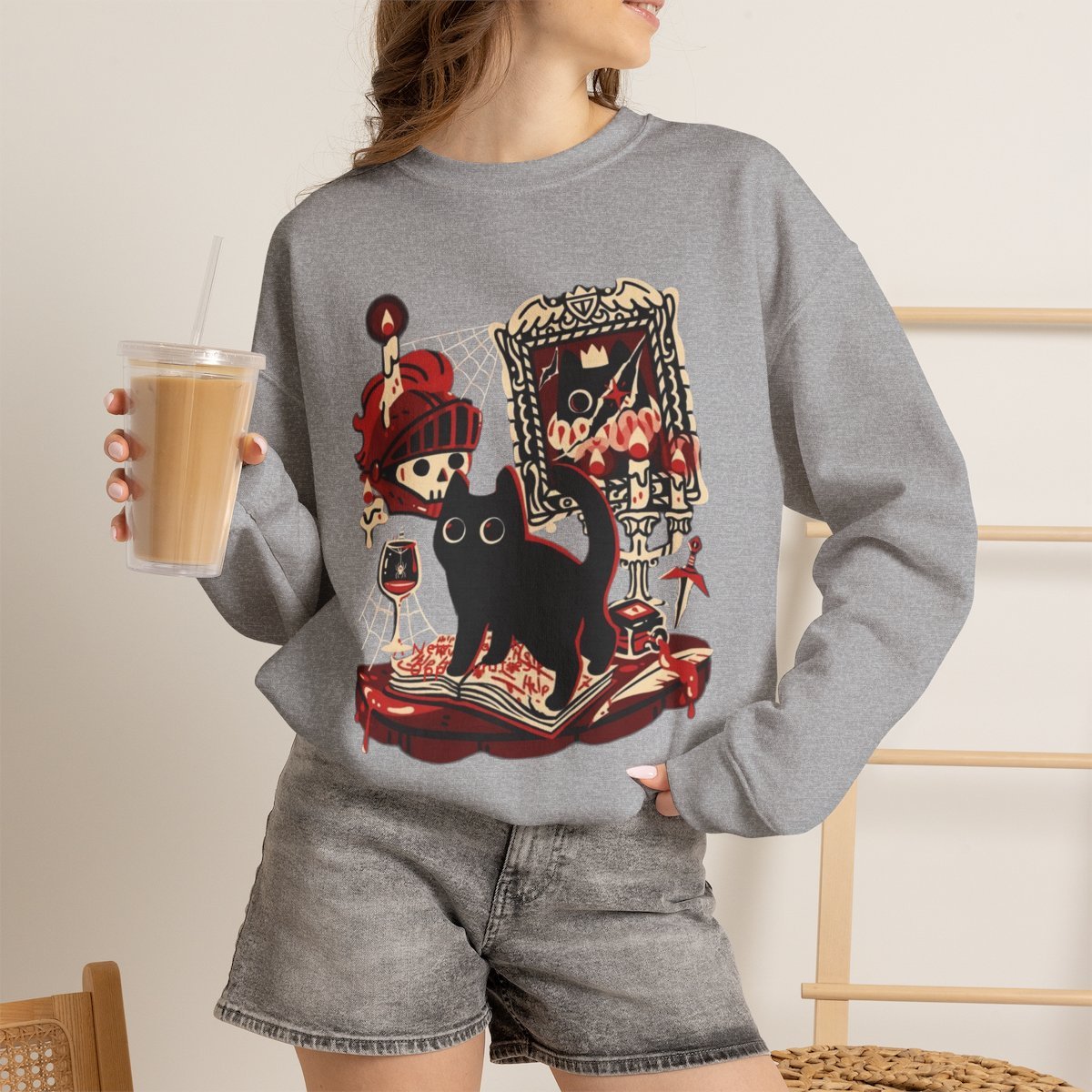 Spooky Gothic Black Cat Unisex Sweatshirt | Halloween Witchy Aesthetic Pullover Sport Grey