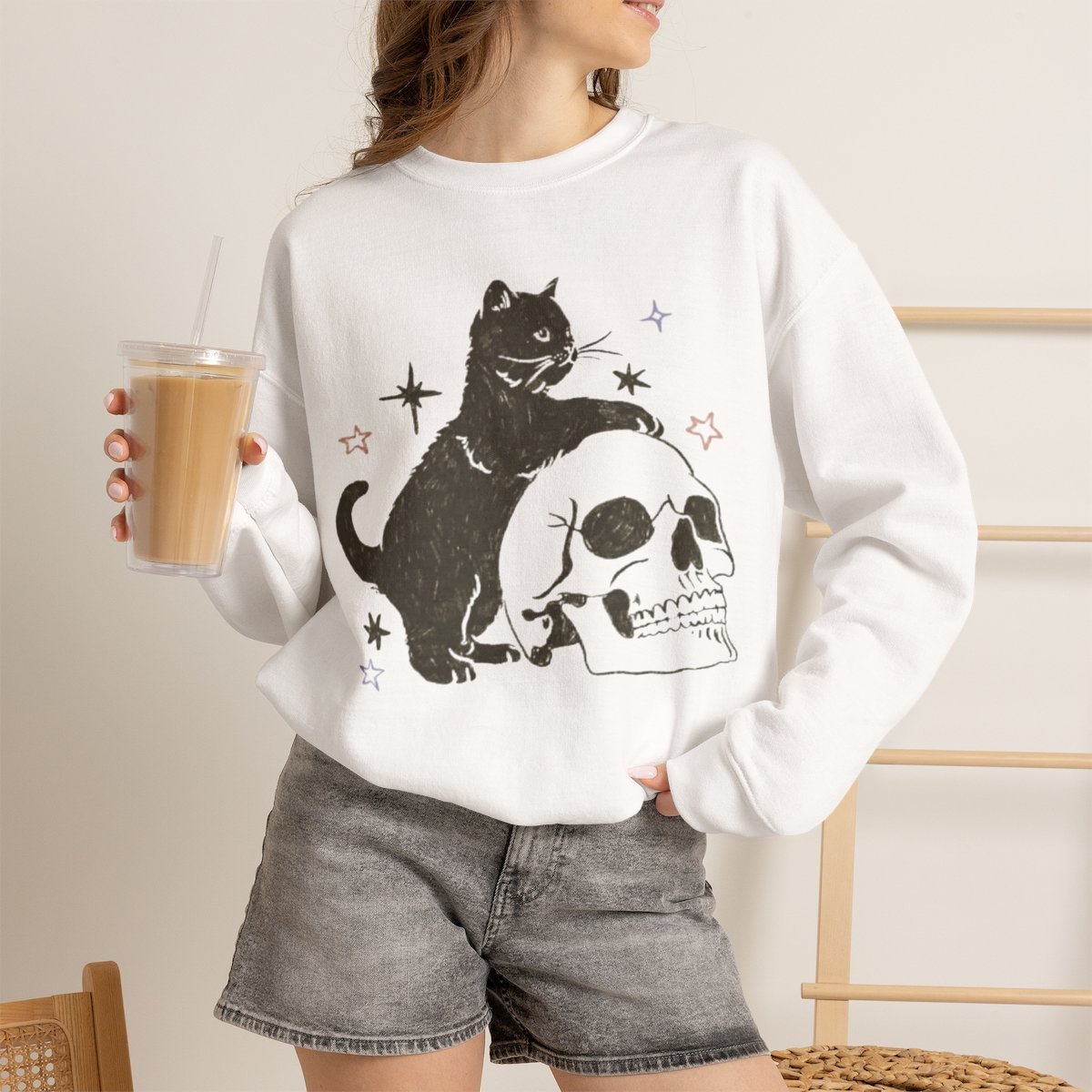 Spooky Black Cat and Skull Graphic Unisex Sweatshirt White
