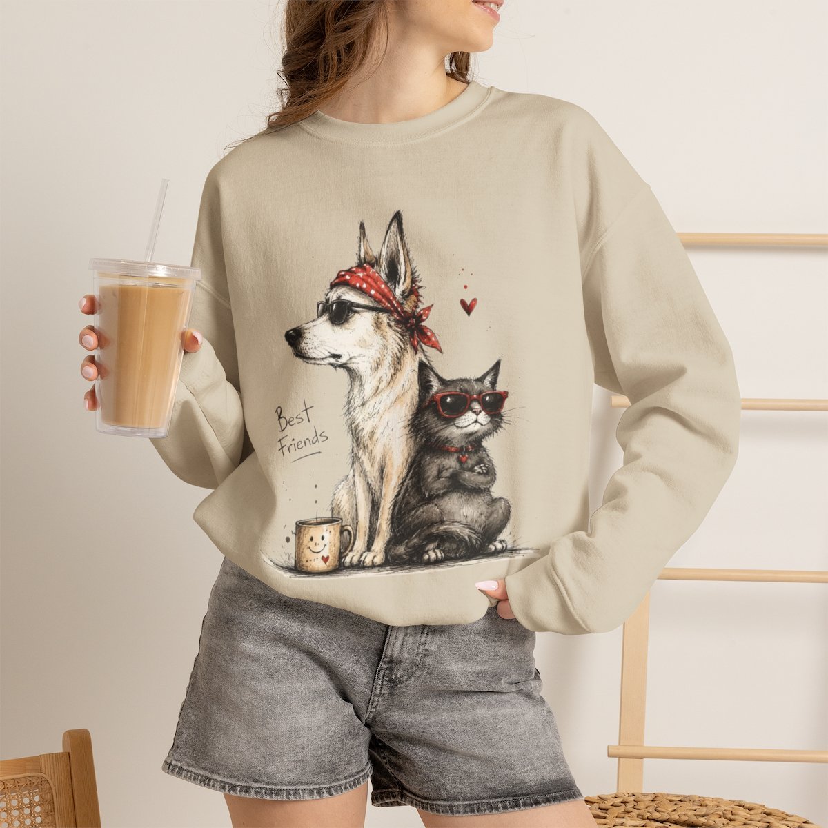 Unisex Cool Dog and Cat Best Friends Graphic Sweatshirt - Cute Pet Lover Gift Sand