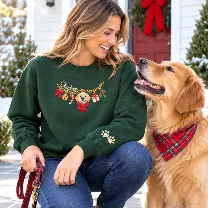 Unisex Custom Pet Christmas Sweatshirt, Embroidered Dog or Cat Portrait Charm Necklace Shirt, Personalized Pet Name Shirt, Holiday Pet Lover Gift Dark Heather