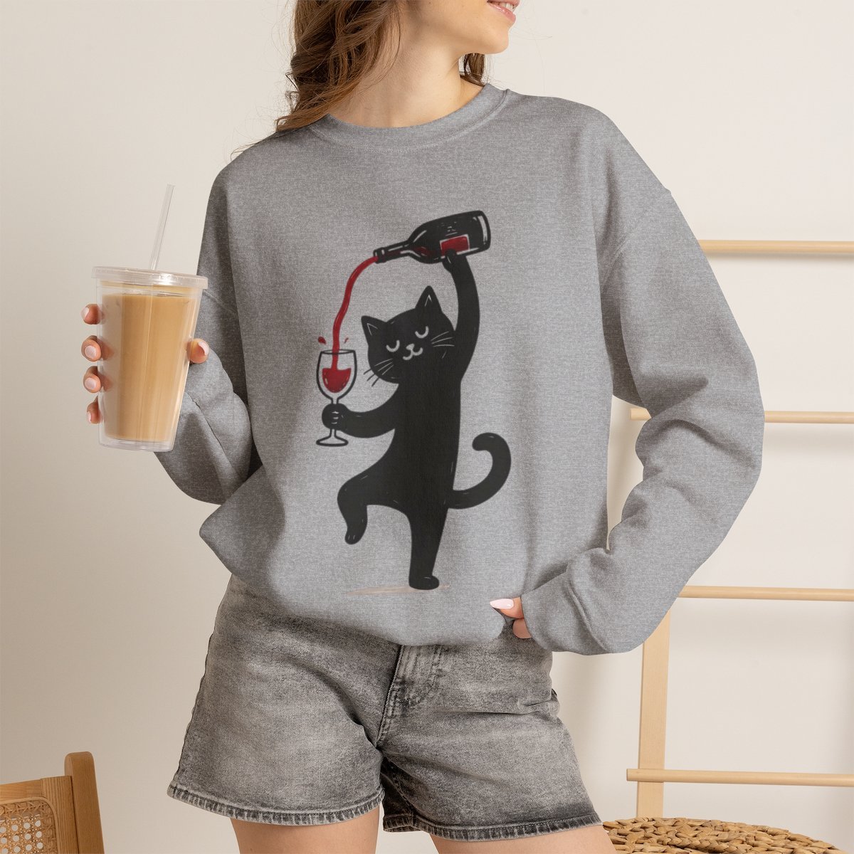 Cute Black Cat Pouring Wine Unisex Sweatshirt - Funny Wine Lover Gift Idea Sport Grey