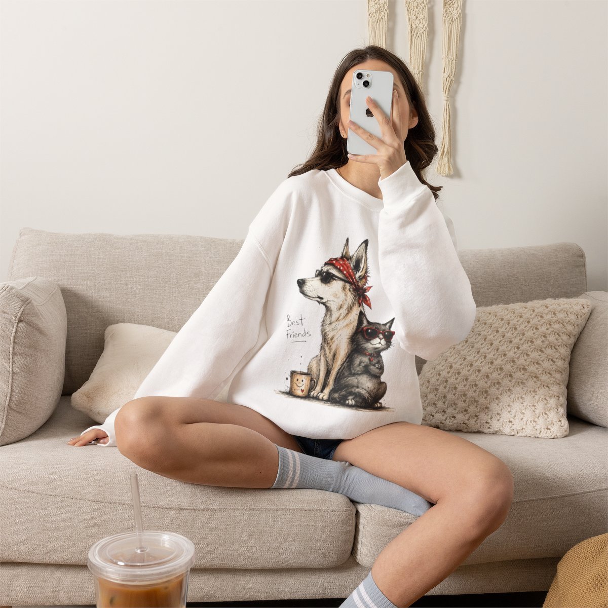 Unisex Cool Dog and Cat Best Friends Graphic Sweatshirt - Cute Pet Lover Gift Detail