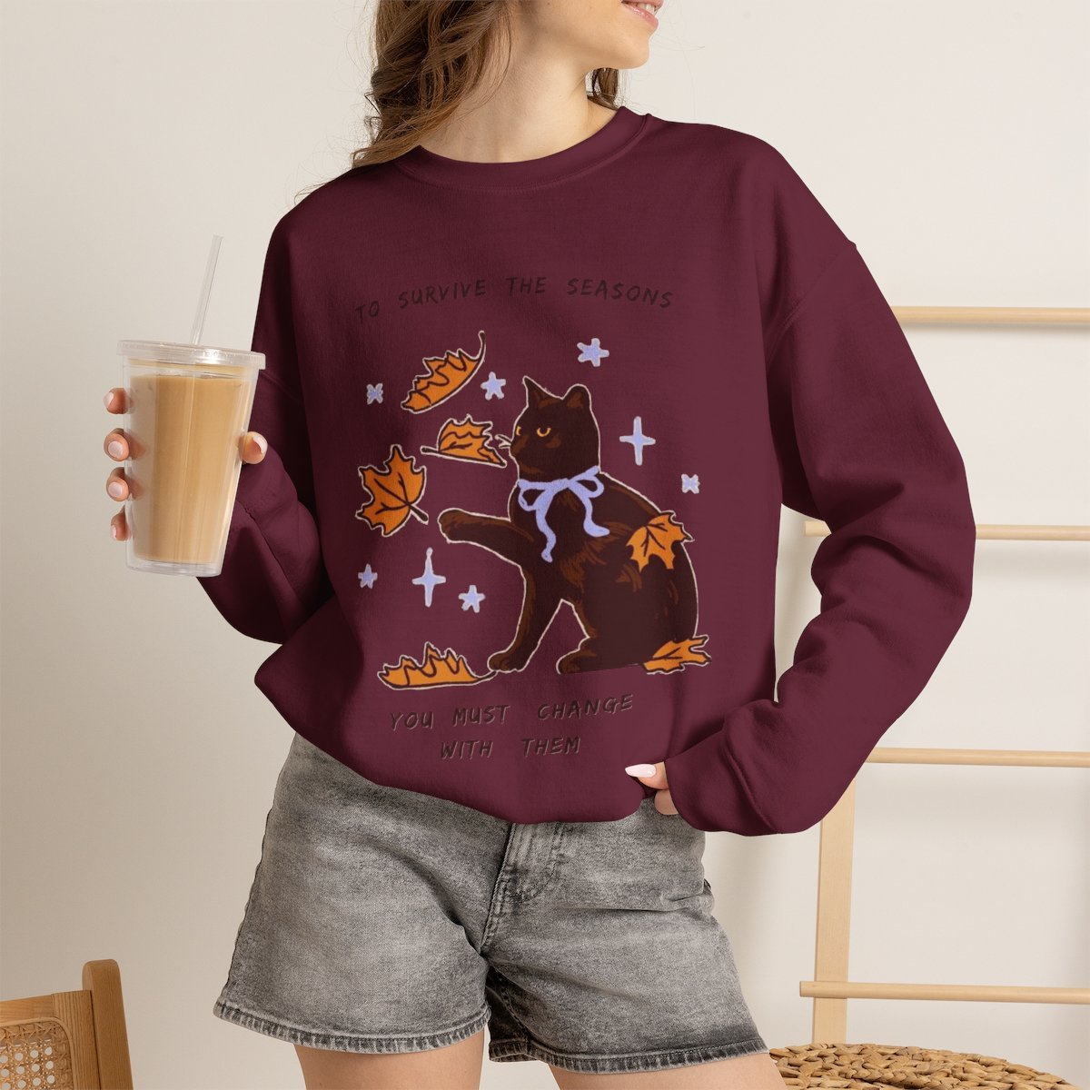 Cozy Black Cat Fall Season Unisex Sweatshirt | Autumn Apparel Gift Maroon