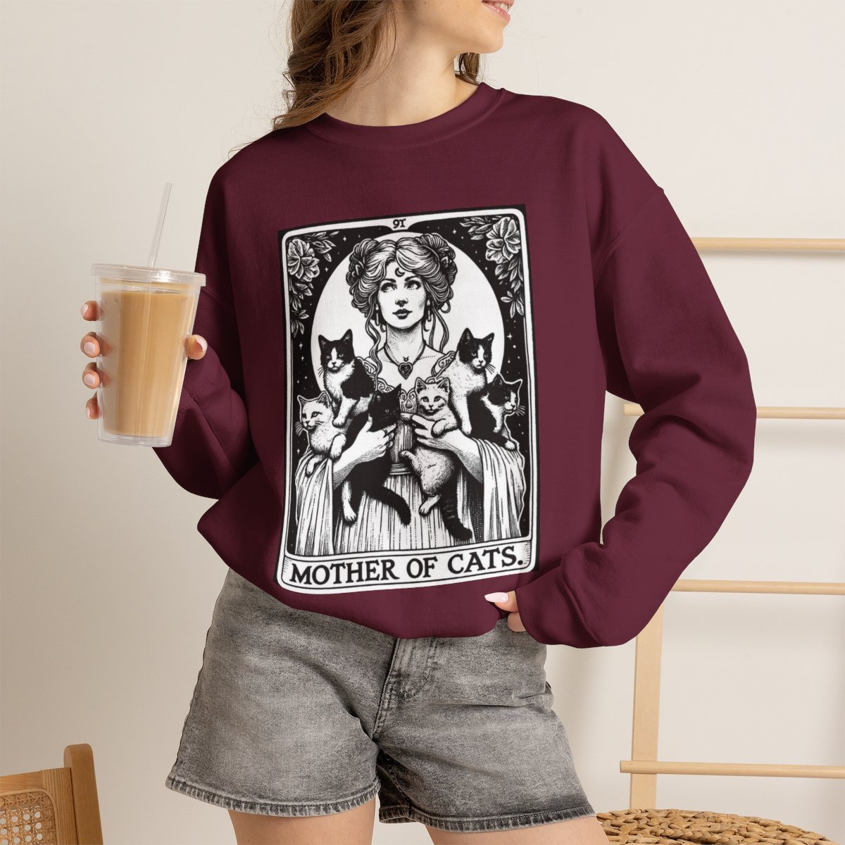 Unisex Mother of Cats Vintage Tarot Style Graphic Sweatshirt for Cat Lovers Maroon