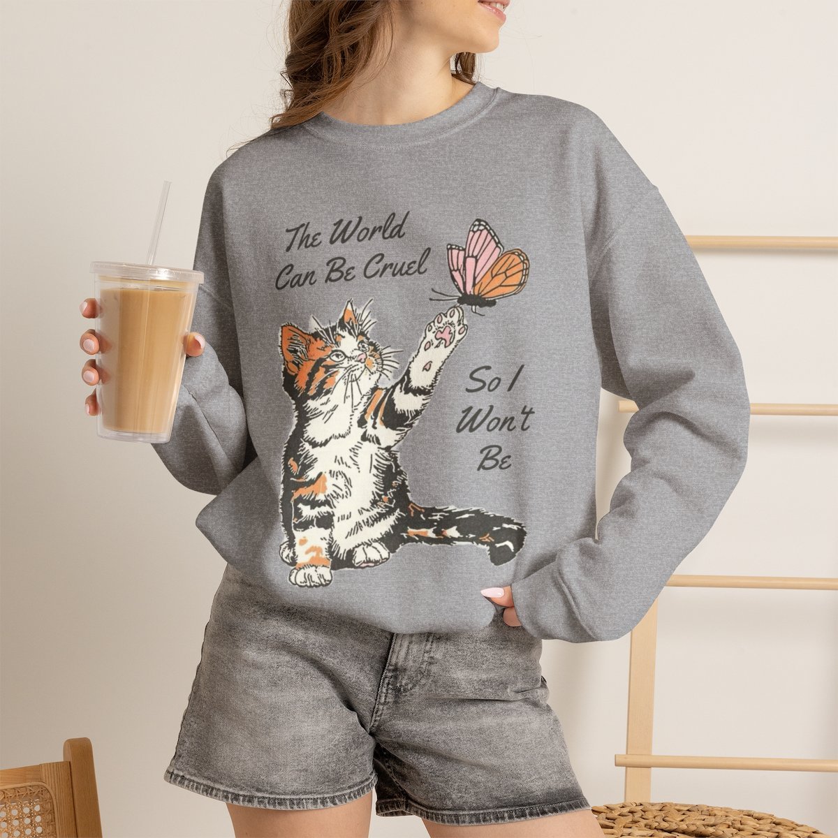 Cute Kitten and Butterfly Wholesome Kindness Quote Unisex Crewneck Sweatshirt Sport Grey