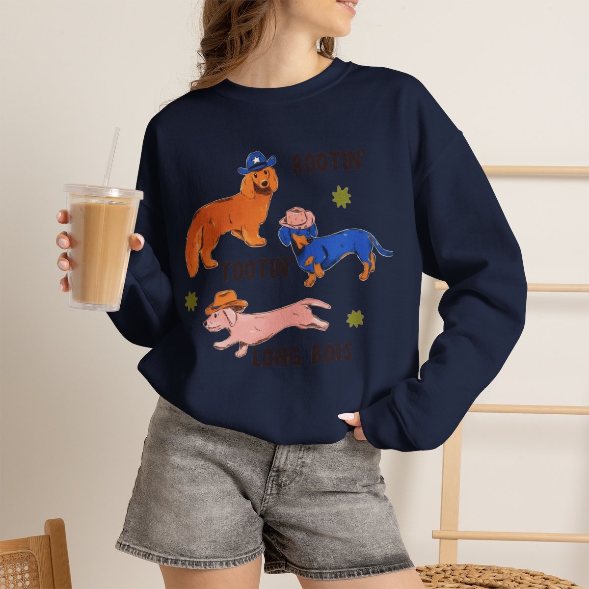 Unisex Cute Dachshund Cowboy Sweatshirt | Rootin Tootin Long Bois Navy