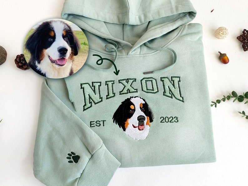 Unisex Custom Dog Hoodie Embroidered Dog Name, Personalized Pet Face Sweatshirt from Your Photo, Varsity Sweatshirt,Gifts for Dog Lover Sport Grey