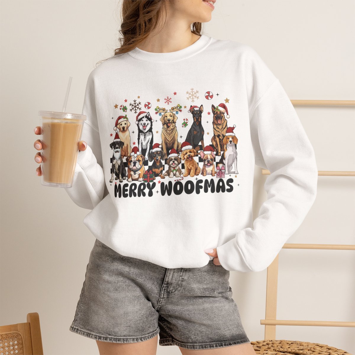 Retro 90s Merry Woofmas Unisex Christmas Sweatshirt for Dog Lovers White